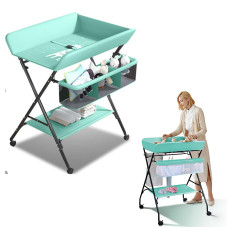 Vystymo stalas Tavalax, sulankstomas, reguliuojamo aukščio, su lentynomis ir ratukais, Mint Green Vystymo stalas Tavalax, sulankstomas, reguliuojamo aukščio, su lentynomis ir ratukais, Mint Green