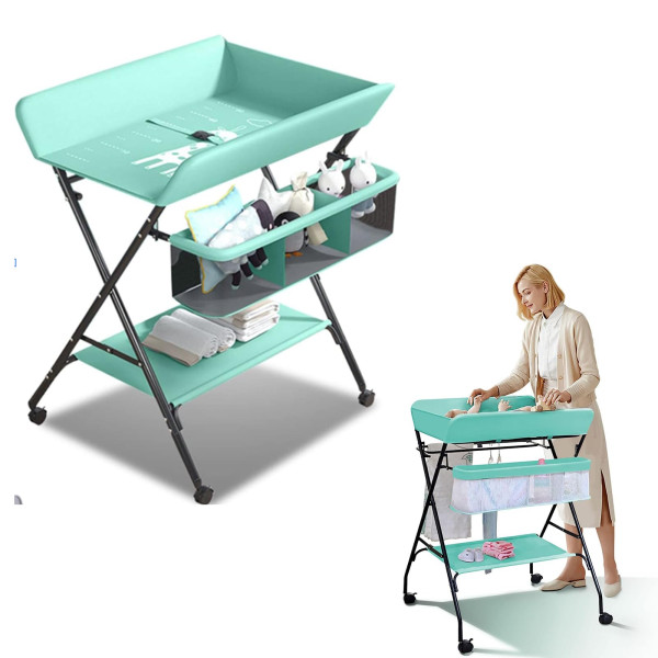 Vystymo stalas Tavalax, sulankstomas, reguliuojamo aukščio, su lentynomis ir ratukais, Mint Green